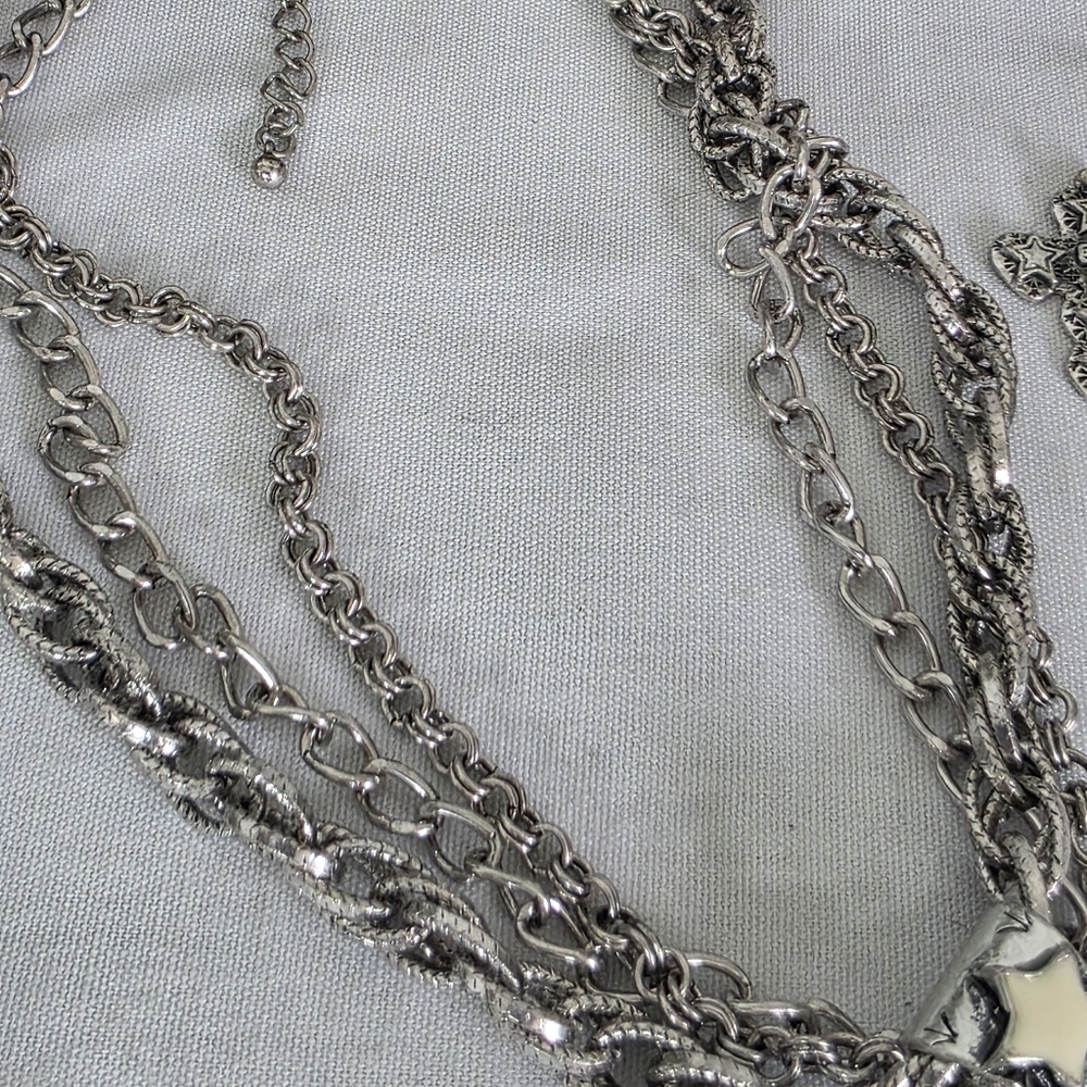 Statement Silver Multi Chain Necklace with Large Cross Pendant & Earrings Set - Picture 5 of 13